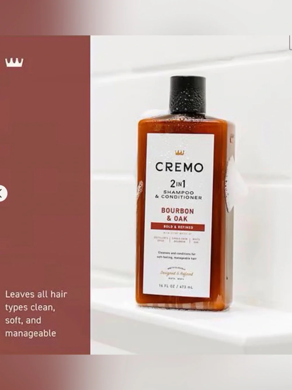 Cremo 2-in-1 Shampoo & Conditioner - Bourbon & Oak  - Size 16fl oz.